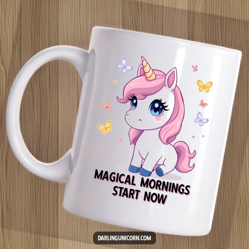 Cute mug featuring a unicorn with wide, innocent eyes mesmerized by delicate butterflies fluttering around it, exuding wonder.