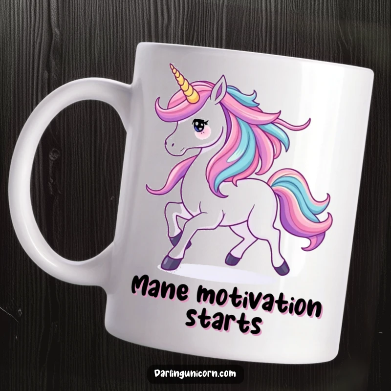 Funny mug showcasing a majestic unicorn prancing with its mane flowing like a vibrant, colorful waterfall, exuding grace and energy.