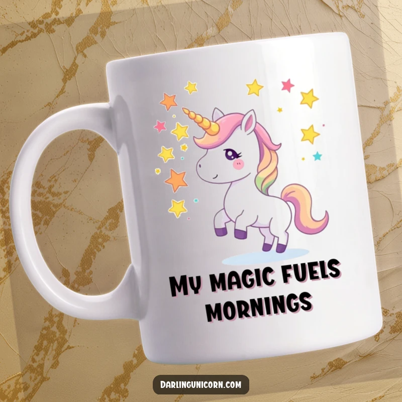 Funny mug depicting a unicorn skillfully juggling glowing star fragments with its horn, showcasing a playful and magical personality.
