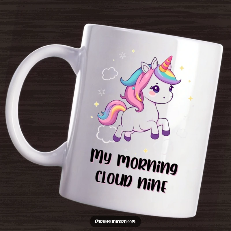 Funny Kawaii Unicorn Mug: A cheerful unicorn with a rainbow mane gallops joyfully through sparkling clouds, spreading pure happiness.