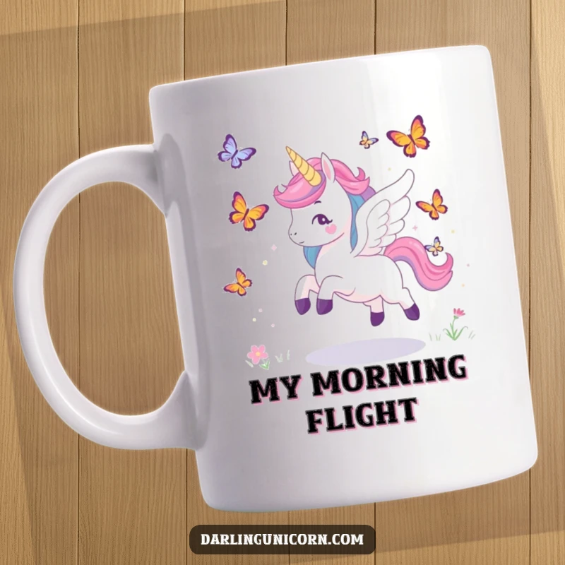 Funny mug showing a winged unicorn playfully chasing colorful butterflies through a whimsical landscape.