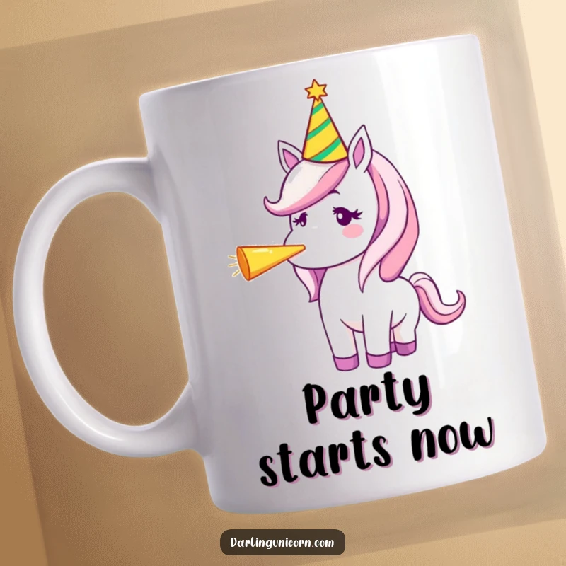 Funny mug showing a unicorn wearing a colorful party hat, enthusiastically blowing a party horn with confetti.