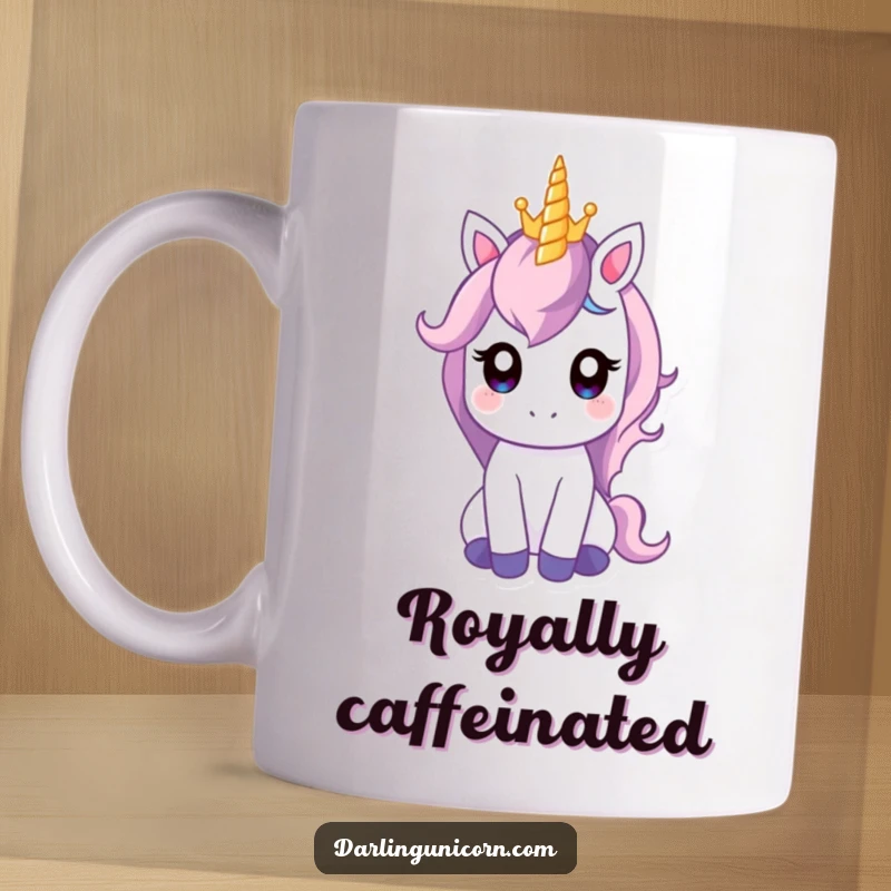 Funny mug showing a unicorn with wide, gentle eyes precariously balancing a small, sparkling crown right on the tip of its horn.