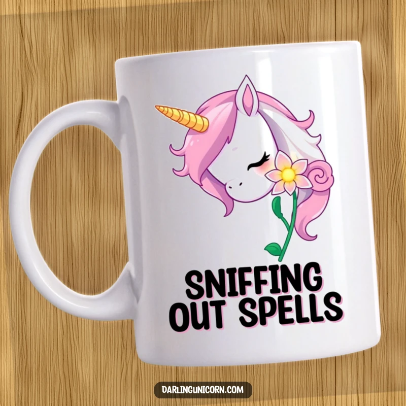 Funny unicorn mug featuring a curious unicorn gently nuzzling a vibrant, glowing magic flower, exploring nature’s wonders.