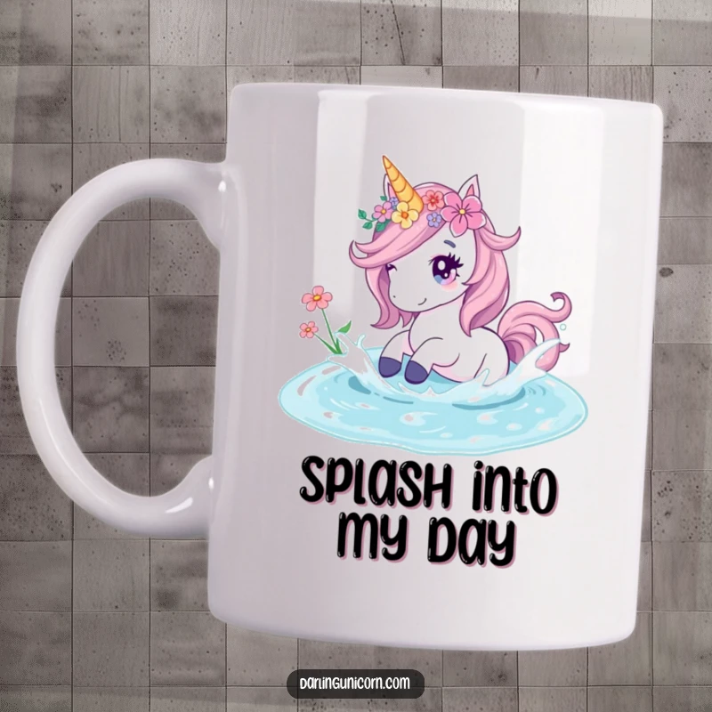 Funny mug showing a unicorn adorned with flowers playfully splashing in a clear, crystal pond, radiating peaceful joy.