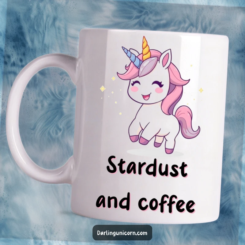 Funny Kawaii Unicorn Mug: A joyful unicorn leaves a trail of glittering stardust, radiating happiness and whimsy.