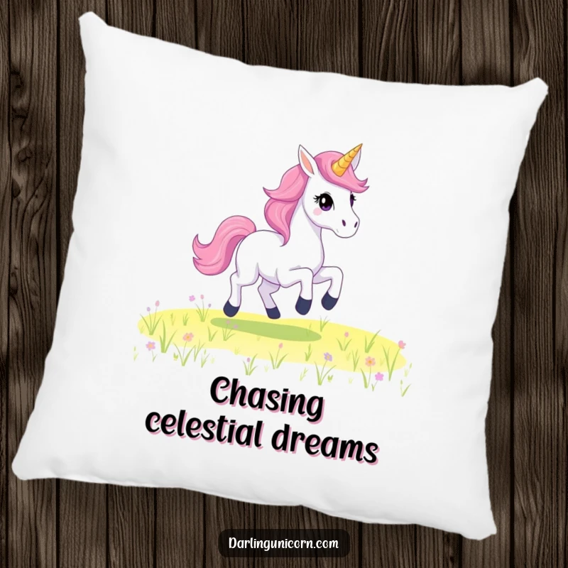 Funny Pillow showcasing a beautiful unicorn with a starry mane, in a dynamic gallop pose, perfect for magical decor.