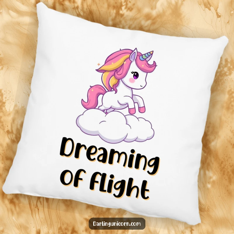 Funny pillow with a sparkling unicorn, rainbow mane, mid-air leap over a fluffy cloud, bringing cozy enchantment and humor to any room.