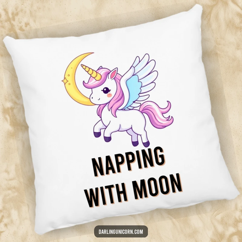 Funny Kawaii Unicorn Pillow: A unicorn with iridescent wings soars near a crescent moon, offering celestial comfort.