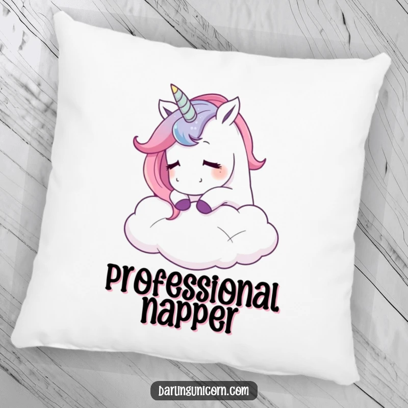 Funny pillow featuring a unicorn nuzzling a cloud with a sigh of contentment, offering soft comfort and whimsical decor for any room.
