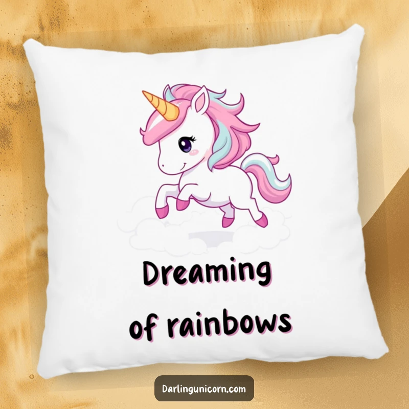 Funny unicorn galloping pillow with a joyful unicorn and sparkling mane amidst clouds, offering comfort and magical dreams.