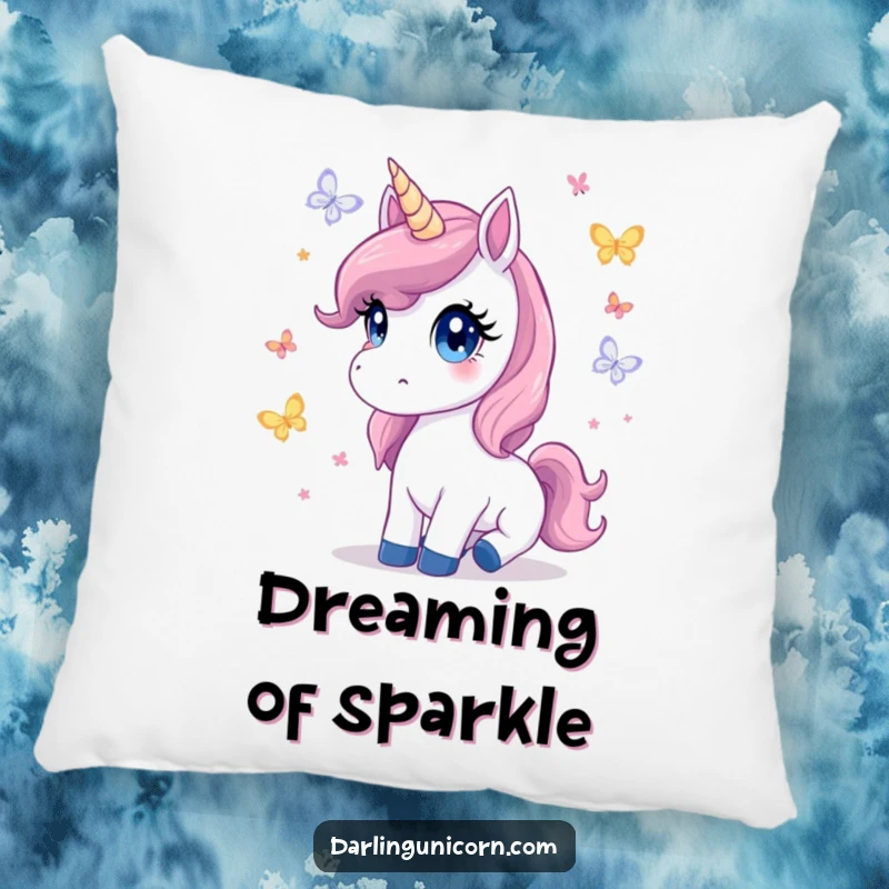 Cute pillow featuring a unicorn with innocent eyes watching butterflies flutter, perfect for adding soft magic and comfort.