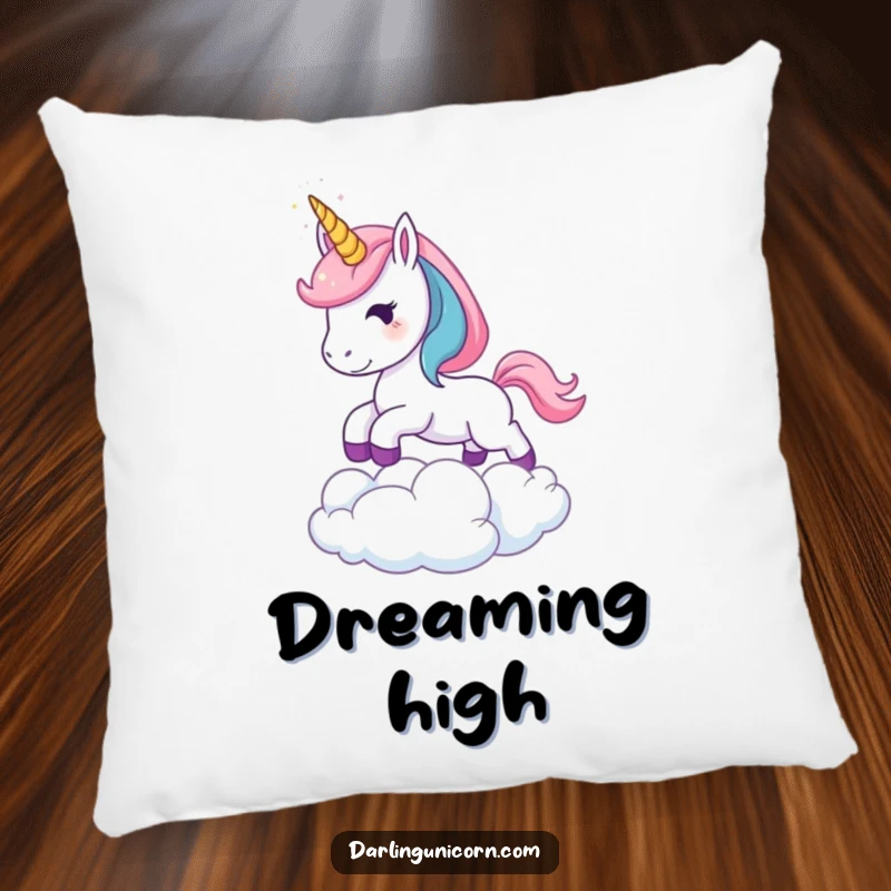 Funny Leaping Unicorn Pillow: A soft pillow featuring a young unicorn with a sparkling horn leaping over a cloud, perfect for humorous comfort and magical decor.