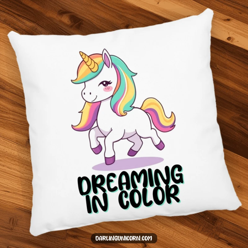 Funny Unicorn Joy Pillow: A soft pillow featuring a cute unicorn with a rainbow mane prancing with joy, perfect for humorous comfort and magical decor.