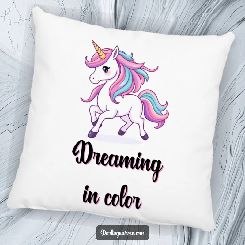 Funny pillow featuring a unicorn with its mane flowing like a vibrant waterfall, offering comfort and a touch of elegant artistry.