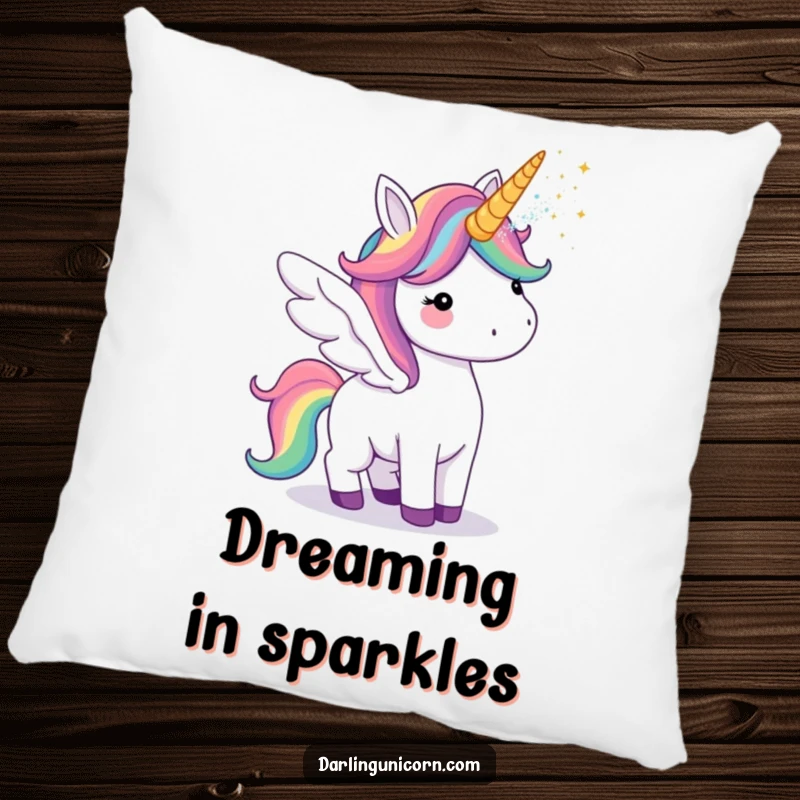 Funny pillow featuring a unicorn with colorful rainbow wings, playfully ejecting glitter from its horn for enchanting comfort.