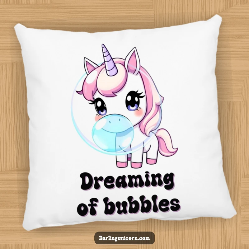 Funny unicorn with wide, curious eyes gently sniffing a giant, iridescent bubble, offering soft, whimsical comfort.