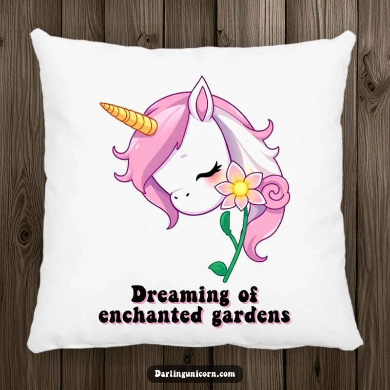 Funny unicorn pillow showing a curious unicorn nuzzling a magical, glowing flower, adding comfort and enchantment to your space.
