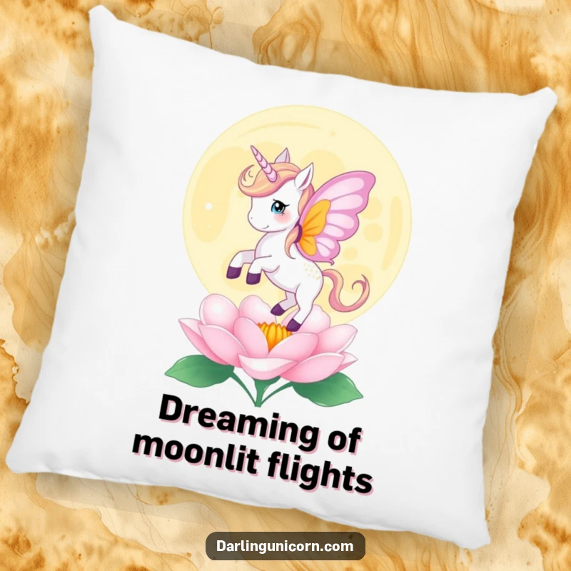 Funny pillow showing a unicorn with butterfly wings gently landing on a blooming moonflower, adding comfort and ethereal charm.