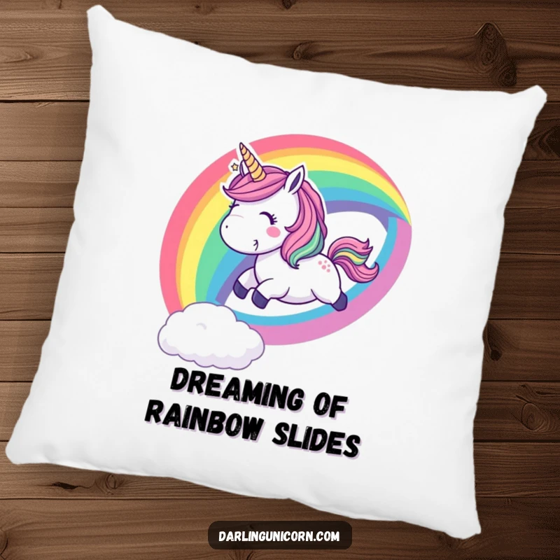 Funny pillow showing a playful unicorn sliding down a vibrant rainbow with a cheerful whoop, adding comfort and vibrant happiness.