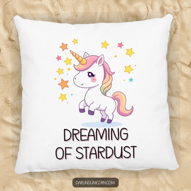 Funny pillow featuring a unicorn juggling star fragments with its horn, providing comfort and a touch of playful, cosmic magic.