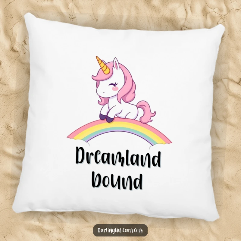 Funny Unicorn Pillow: Soft cushion featuring a mischievous unicorn riding a rainbow bridge, perfect for cozy magic.
