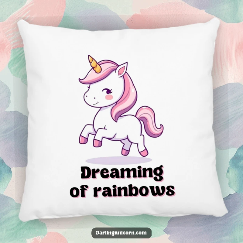 Funny pillow depicting a kawaii unicorn with a sparkling horn, joyfully prancing, perfect for cozying up.