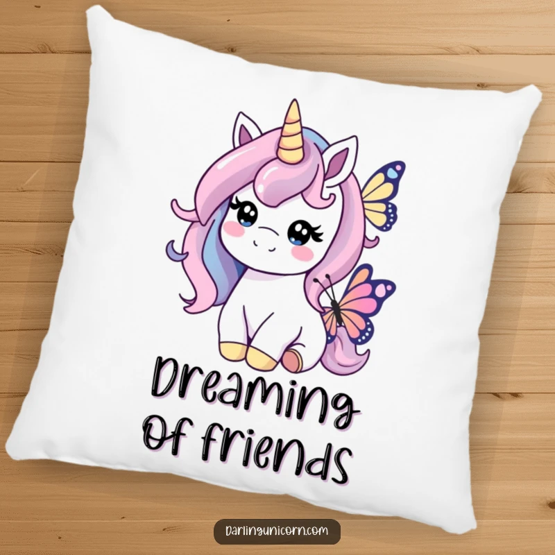Funny pillow featuring a kind unicorn gently interacting with a butterfly, offering comfort and a sweet, gentle aesthetic.