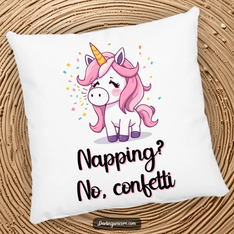 Funny surprised unicorn sneezing a festive burst of colorful confetti on a soft and decorative pillow.