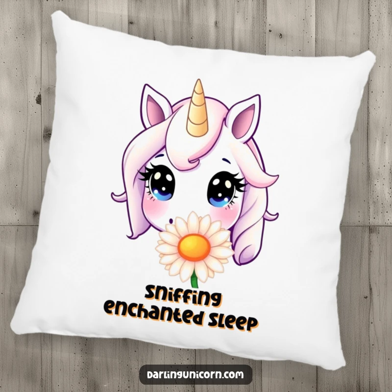 Funny Pillow: An innocent-eyed unicorn deeply sniffs a large daisy, presenting a comical and endearing scene for comfort.