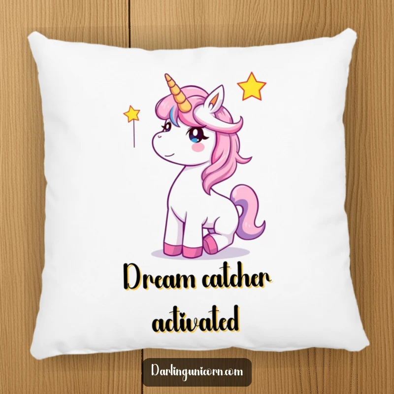 Funny Unicorn Pillow: A joyful unicorn catches a falling star, offering soft, magical comfort and humor.