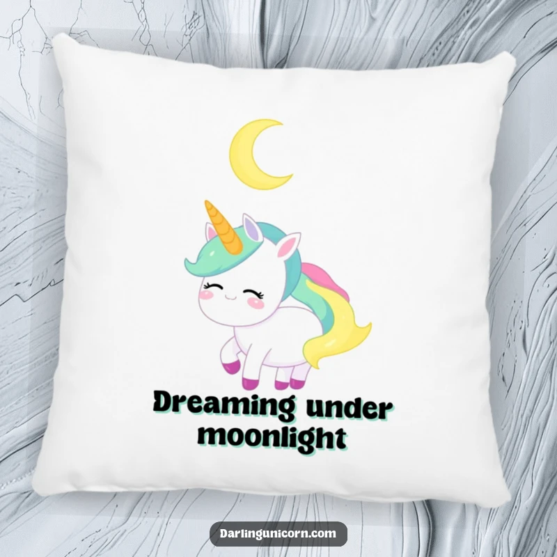 Funny Unicorn Pillow: A serene unicorn smiles at a crescent moon, offering soft, peaceful comfort.