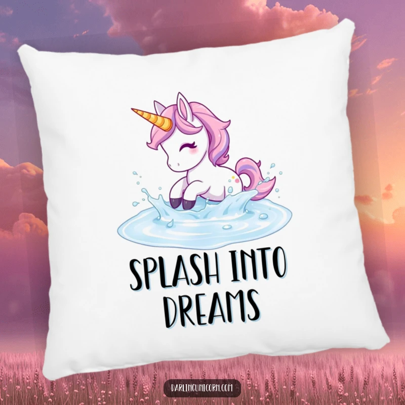 Funny Unicorn Pillow: A unicorn playfully splashes in shimmering liquid, offering soft comfort and playful vibes.