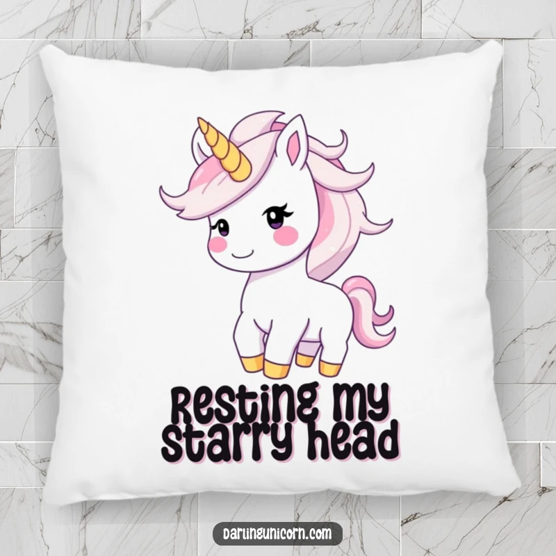 Funny happy unicorn with a smiling face tossing its radiant, starry mane, offering soft, joyful comfort.