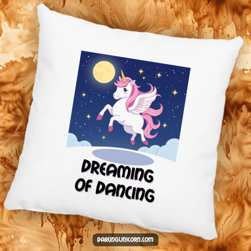 Funny unicorn pillow with a unicorn doing a graceful, wobbly pirouette on a starlit night, offering soft comfort and whimsical magical vibes.