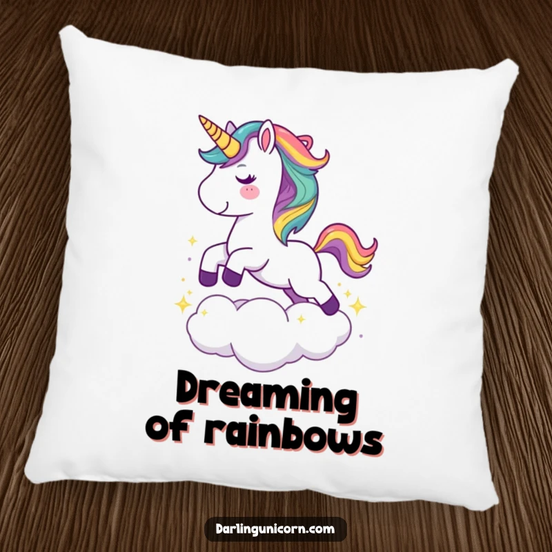 Funny pillow featuring a cute unicorn with a rainbow mane joyfully leaping over a sparkling cloud, perfect for cozy magic.