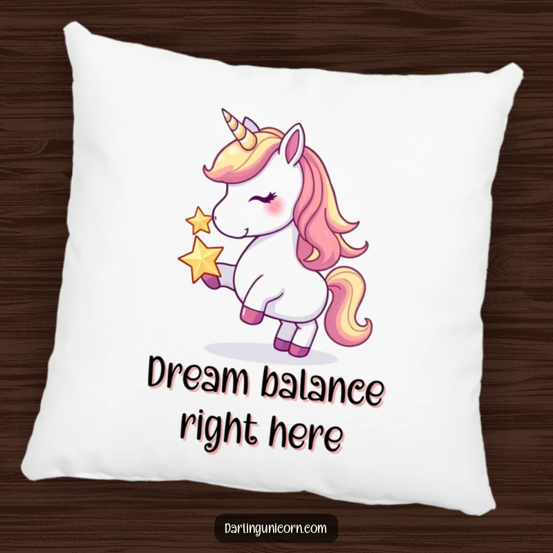 Funny pillow featuring a serene unicorn balancing a radiant star on its nose, offering comfort and whimsical humor.