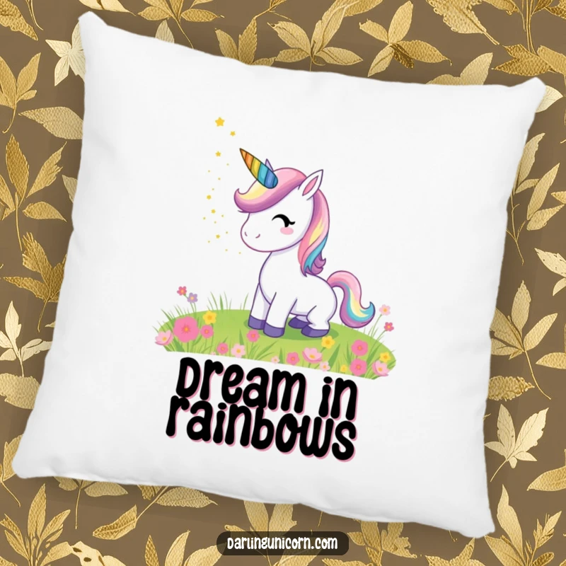 Funny pillow featuring a graceful unicorn with a rainbow horn sprinkling magical stardust over a peaceful meadow, offering cozy fantasy vibes.
