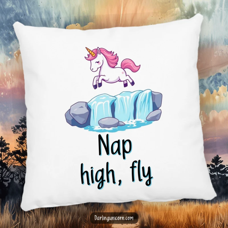 Funny Kawaii Unicorn Pillow: A unicorn with a glowing horn leaps over a shimmering waterfall, offering magical comfort.