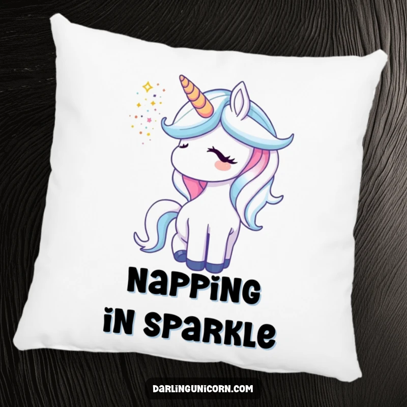 Funny unicorn pillow featuring a magical unicorn showering glitter from its horn, adding a cozy sparkle.