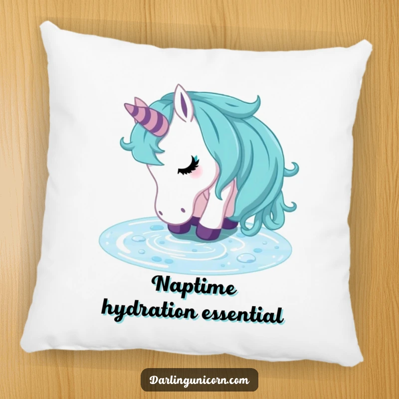 Funny unicorn pillow with a refreshed unicorn drinking from a crystal clear stream, offering soft comfort and serene magical vibes.