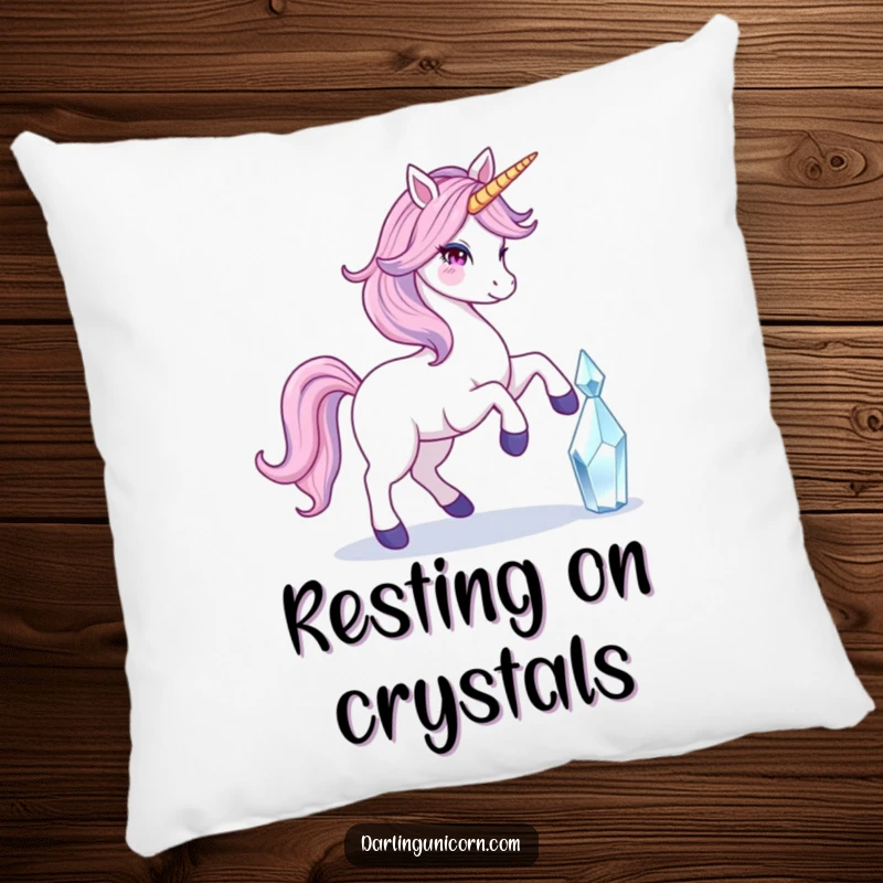 Funny pillow featuring a unicorn with a flowing tail gently touching a crystal, bringing soft comfort and mystical elegance.