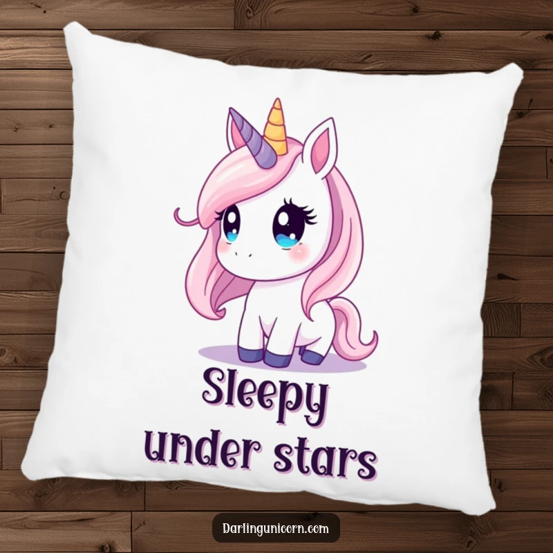 Funny unicorn pillow featuring a unicorn with dreamy eyes gazing at a beautiful starry skyscape.