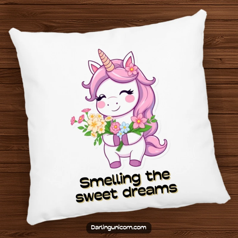 Funny Pillow featuring a sweet unicorn holding a vibrant flower bouquet, smiling brightly, ideal for cozy decor.