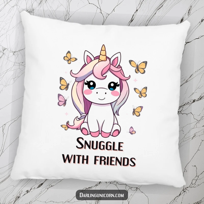 Funny unicorn pillow with a contented unicorn smiling, surrounded by friendly butterflies, offering soft comfort and cheerful magical vibes.