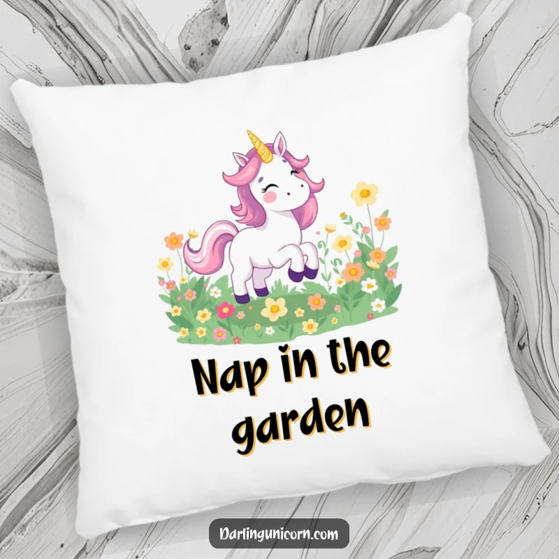 Funny pillow featuring a joyful unicorn galloping through a field of glowing flowers, bringing soft comfort and cheerful magic.