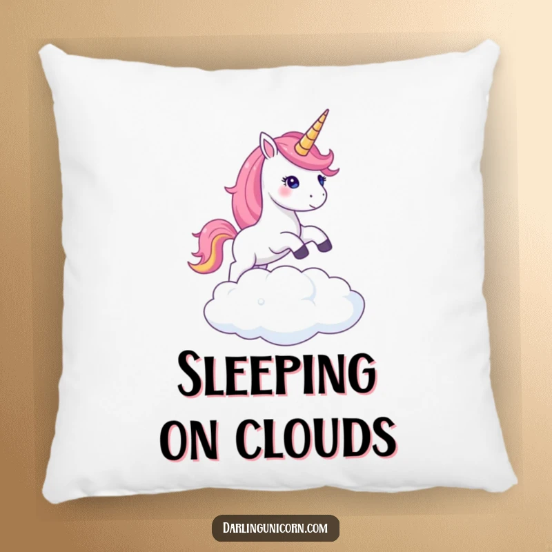 Funny pillow designed with a unicorn possessing a sparkling shimmering horn, leaping joyfully over a cloud for ultimate comfort.
