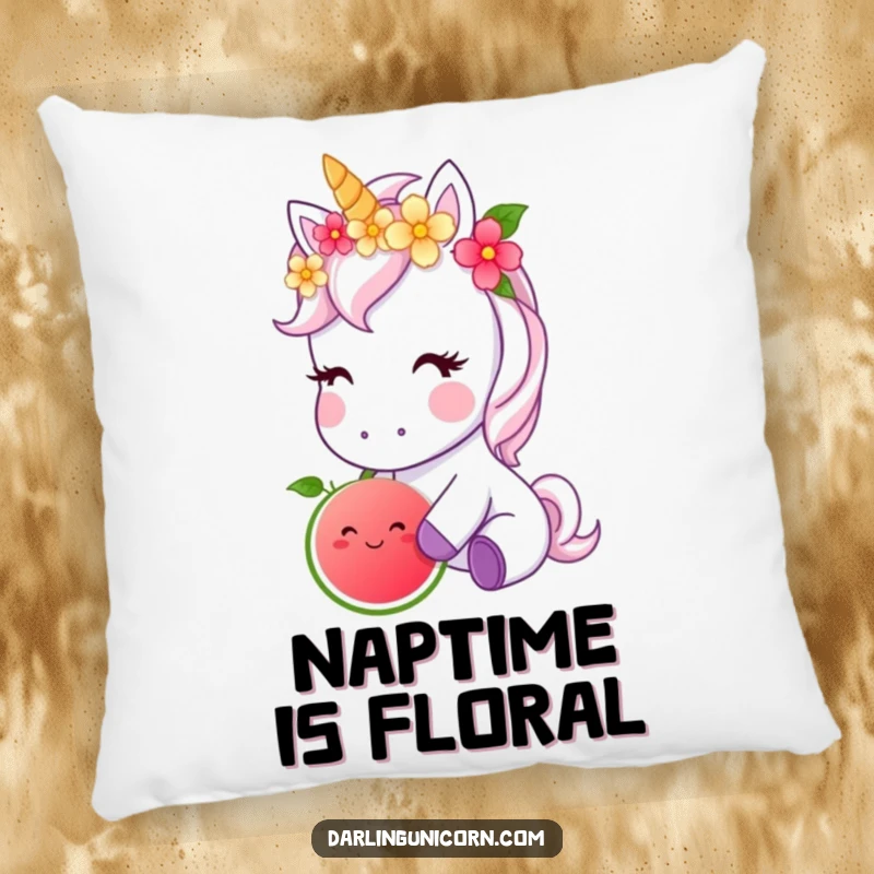 Funny pillow featuring a cute unicorn crowned with flowers, indulging in a luminous magical fruit, designed for cozy enchantment.