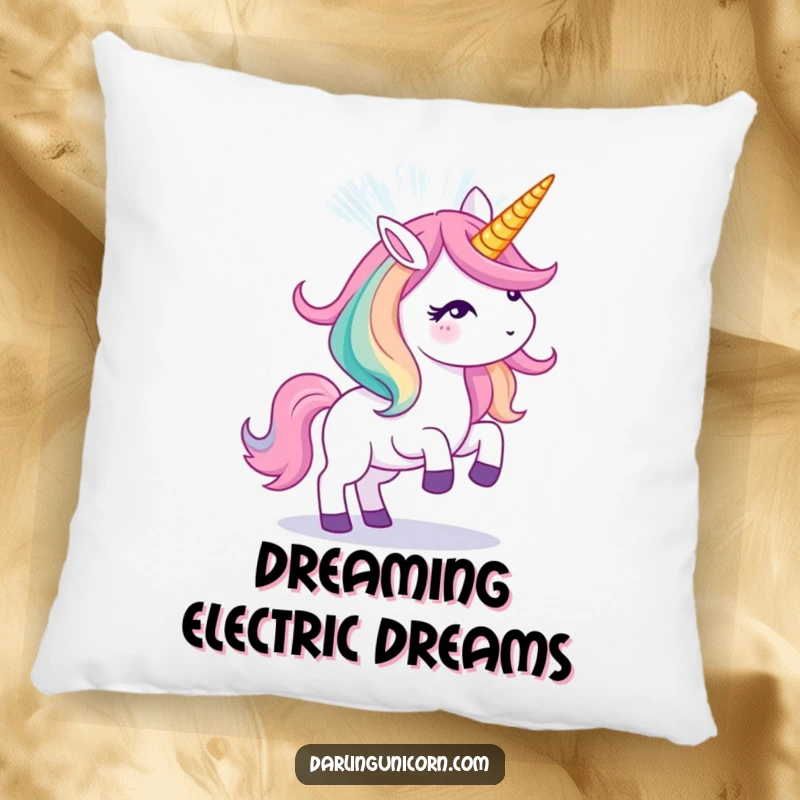 Funny pillow showcasing a unicorn generating a vibrant light show from its horn, offering cozy magic.