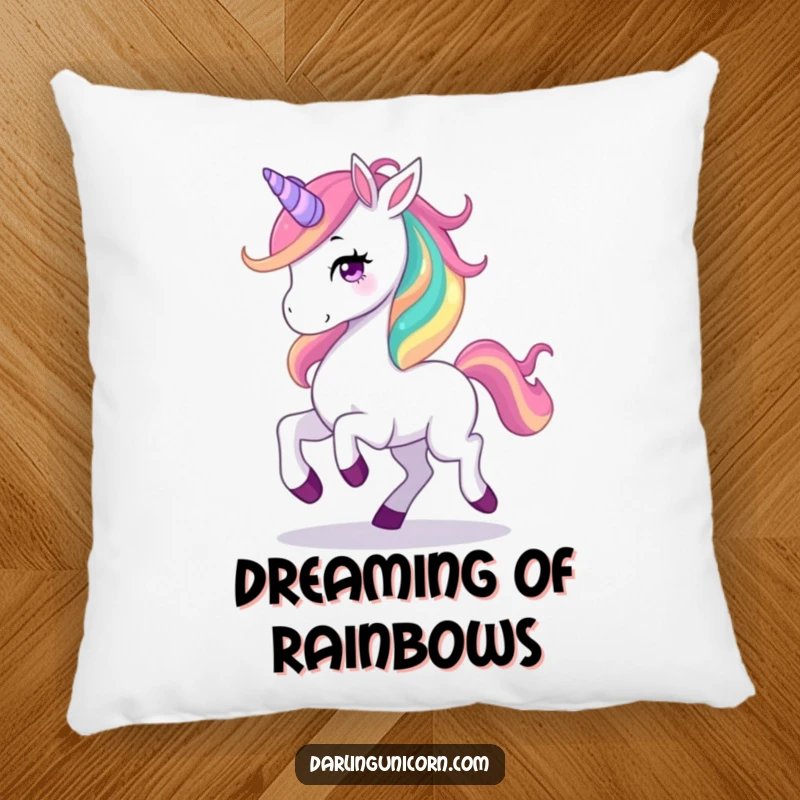 Funny pillow with a graceful unicorn prancing happily, displaying a luscious rainbow mane, designed for comfort and whimsical charm.